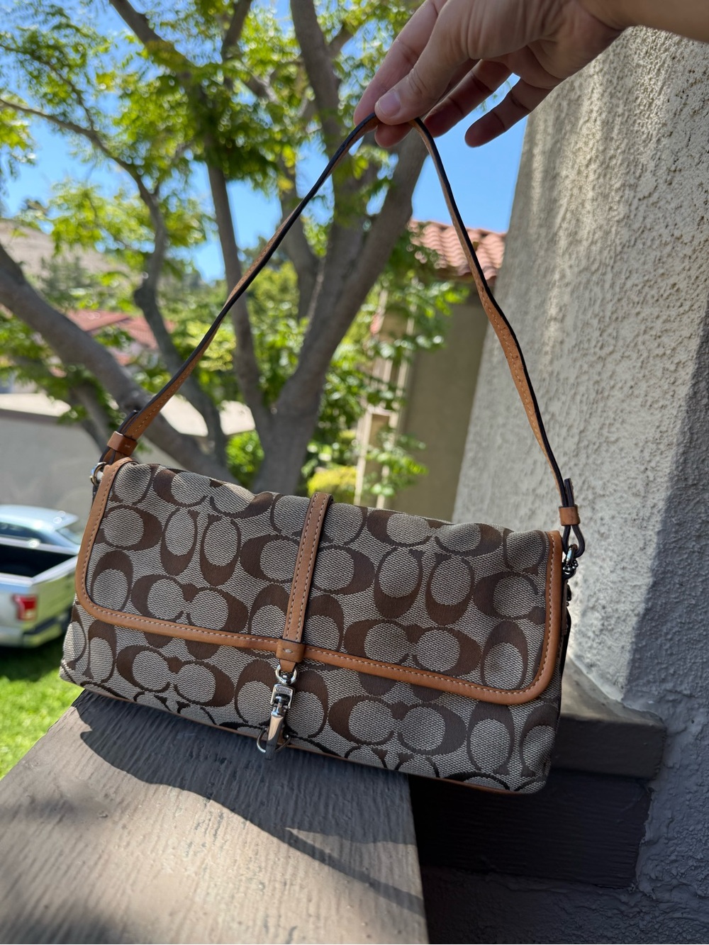 Coach Signature Brown Canvas Shoulder Bag 6348 Womens Flap Top Adjustable Strap